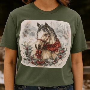 Holiday Horse Shirt – Western Christmas Tee with Snowy Wreath and Red Scarf –